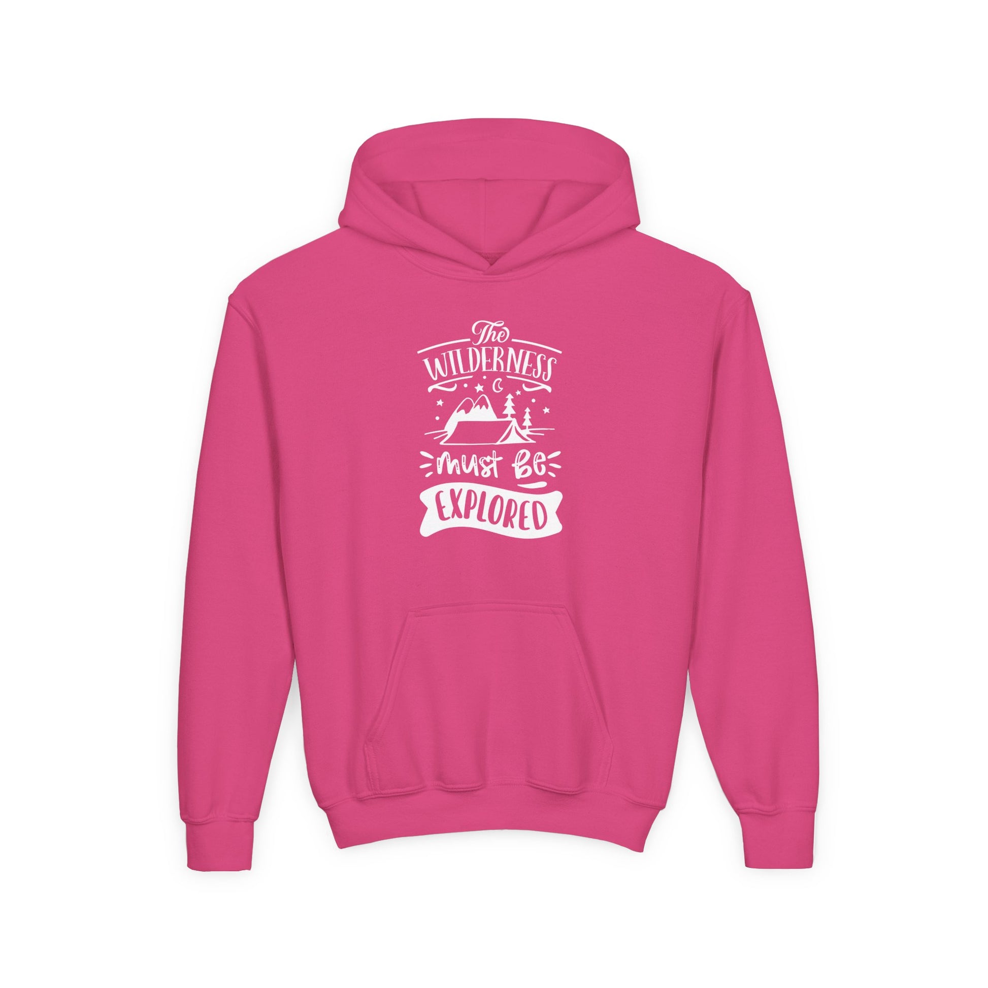 Pink kids explorer theme sweatshirt with wilderness graphic and front pocket from Printify