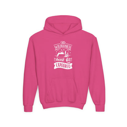 Pink kids explorer theme sweatshirt with wilderness graphic and front pocket from Printify