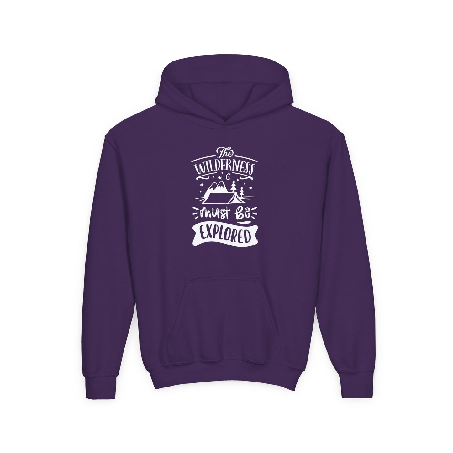 Purple kids explorer theme sweatshirt with wilderness adventure graphic and front pocket
