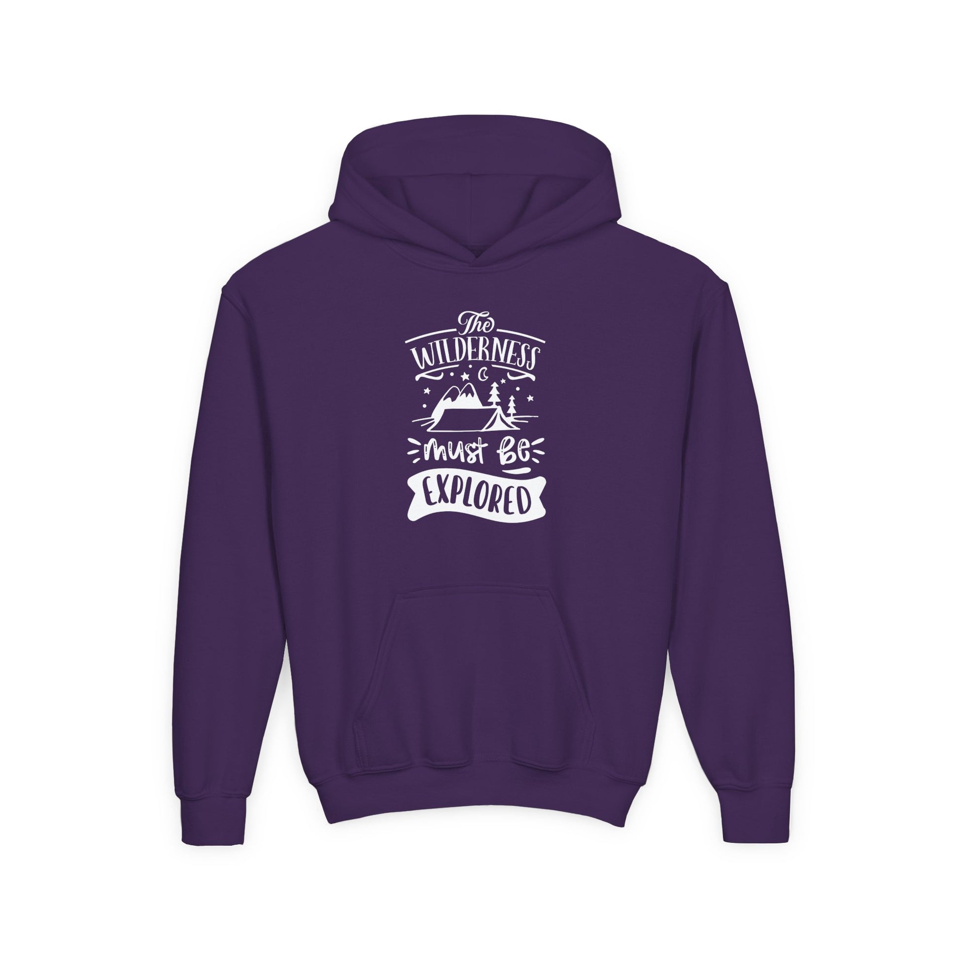 Purple kids explorer theme sweatshirt with wilderness adventure graphic and front pocket