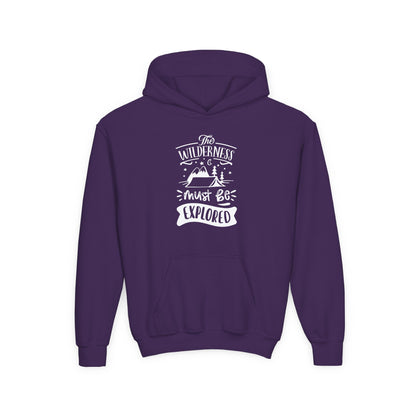 Purple kids explorer theme sweatshirt with wilderness adventure graphic and front pocket