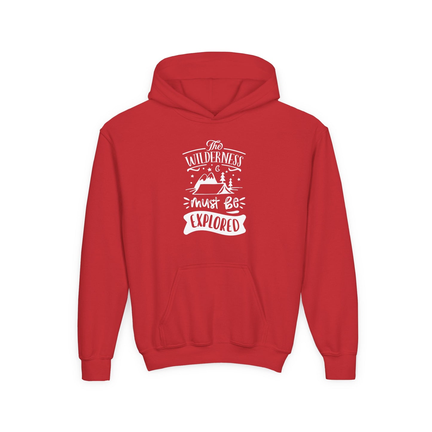 Red kids explorer theme sweatshirt with white wilderness graphic and hooded design by Printify