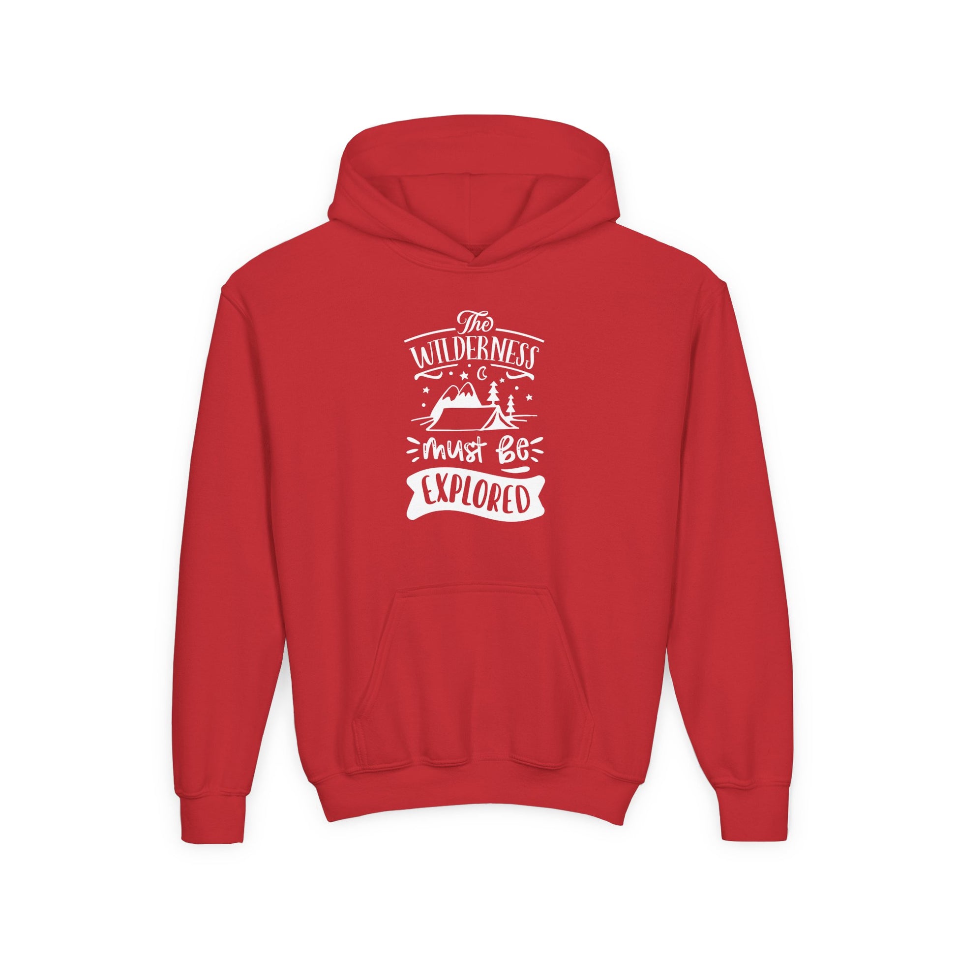 Red kids explorer theme sweatshirt with white wilderness graphic and hooded design by Printify