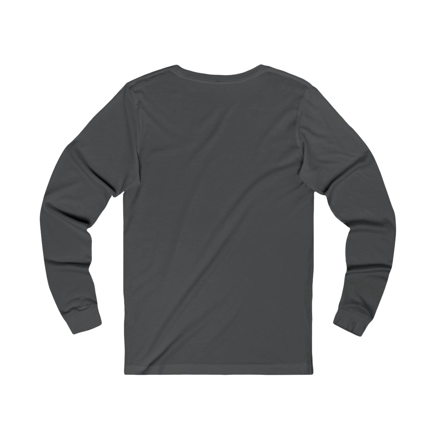 Printify dark gray long-sleeve fetch later tee shown from the back with ribbed cuffs