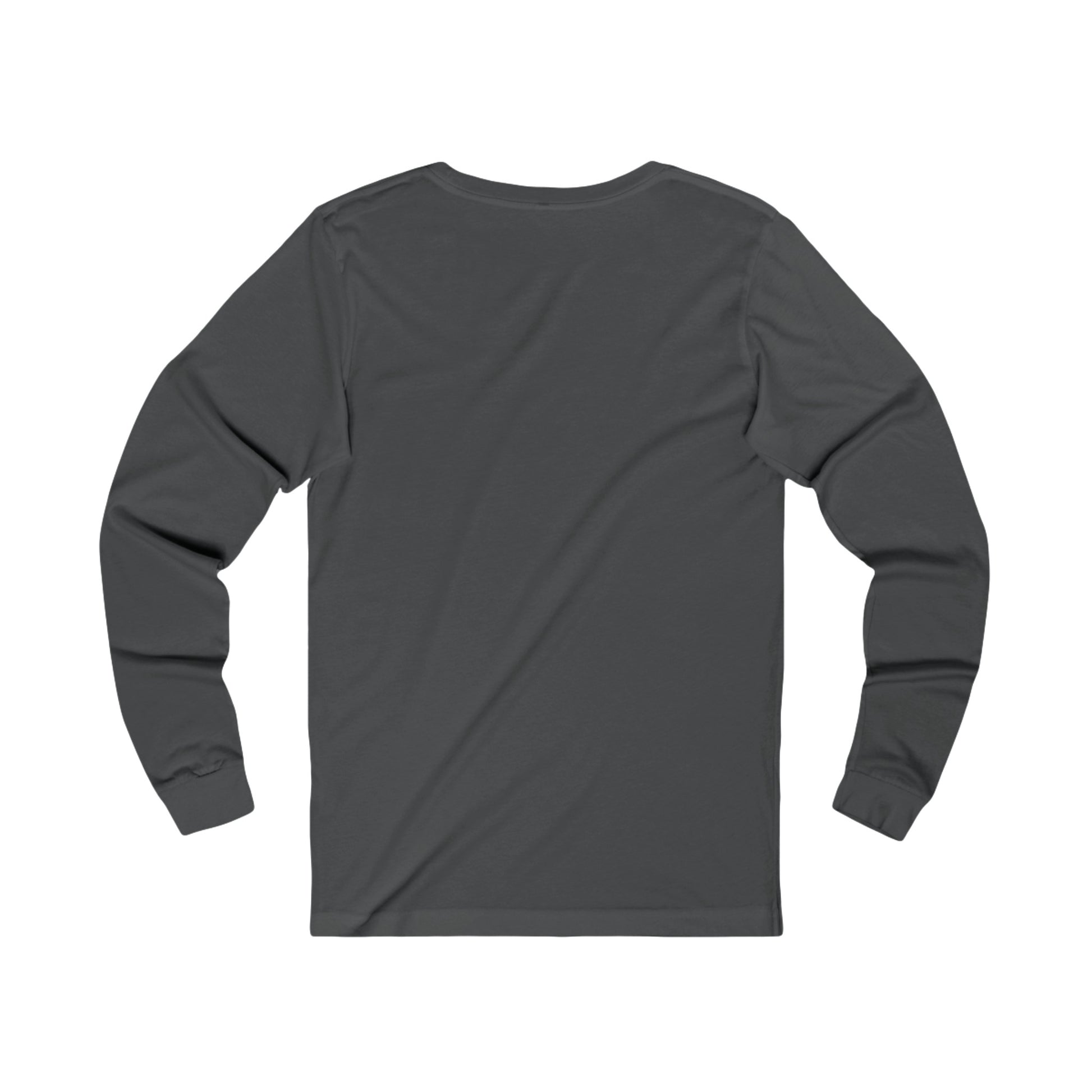 Printify dark gray long-sleeve fetch later tee shown from the back with ribbed cuffs