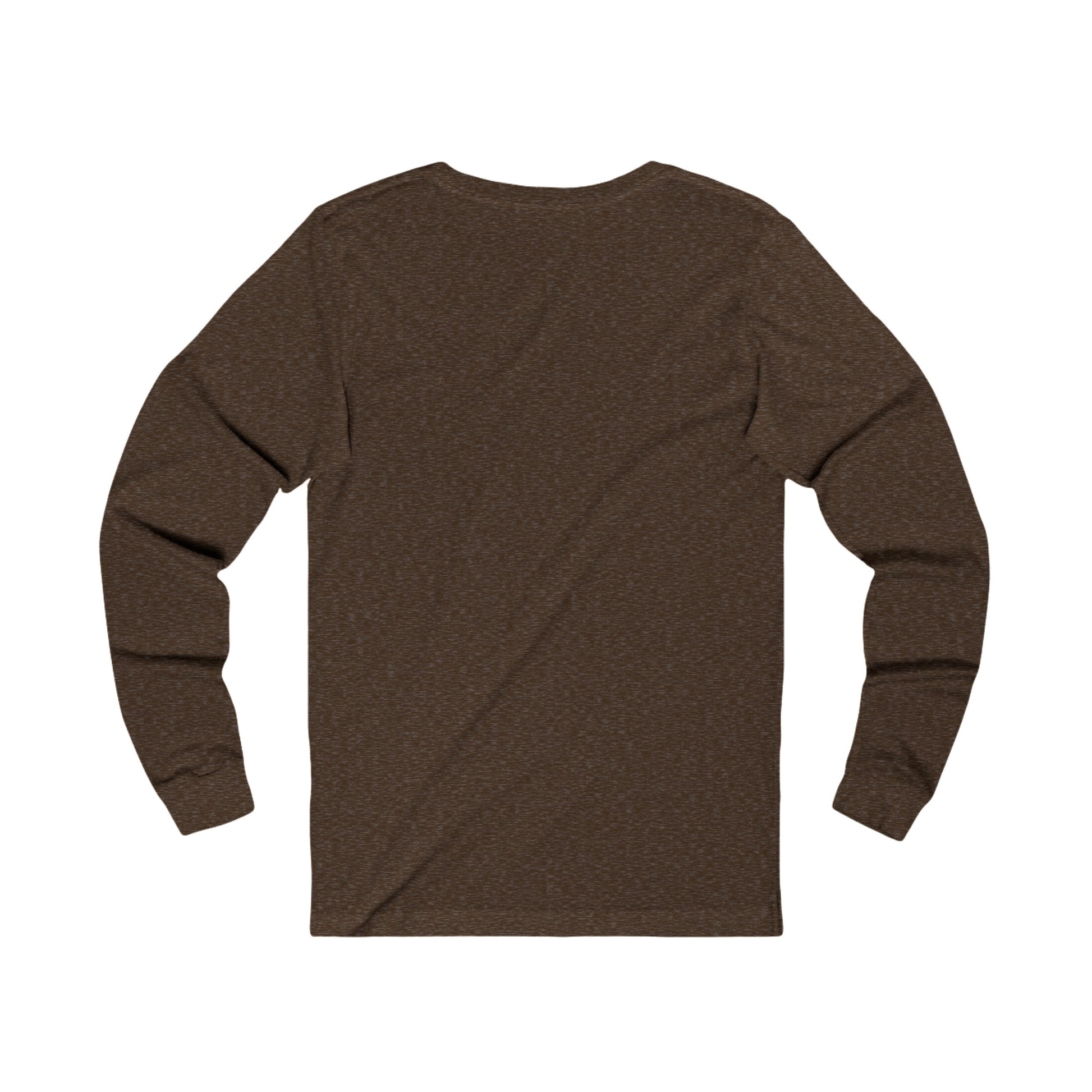 Back view of brown long-sleeve fetch later tee from Printify with a simple crew neck design