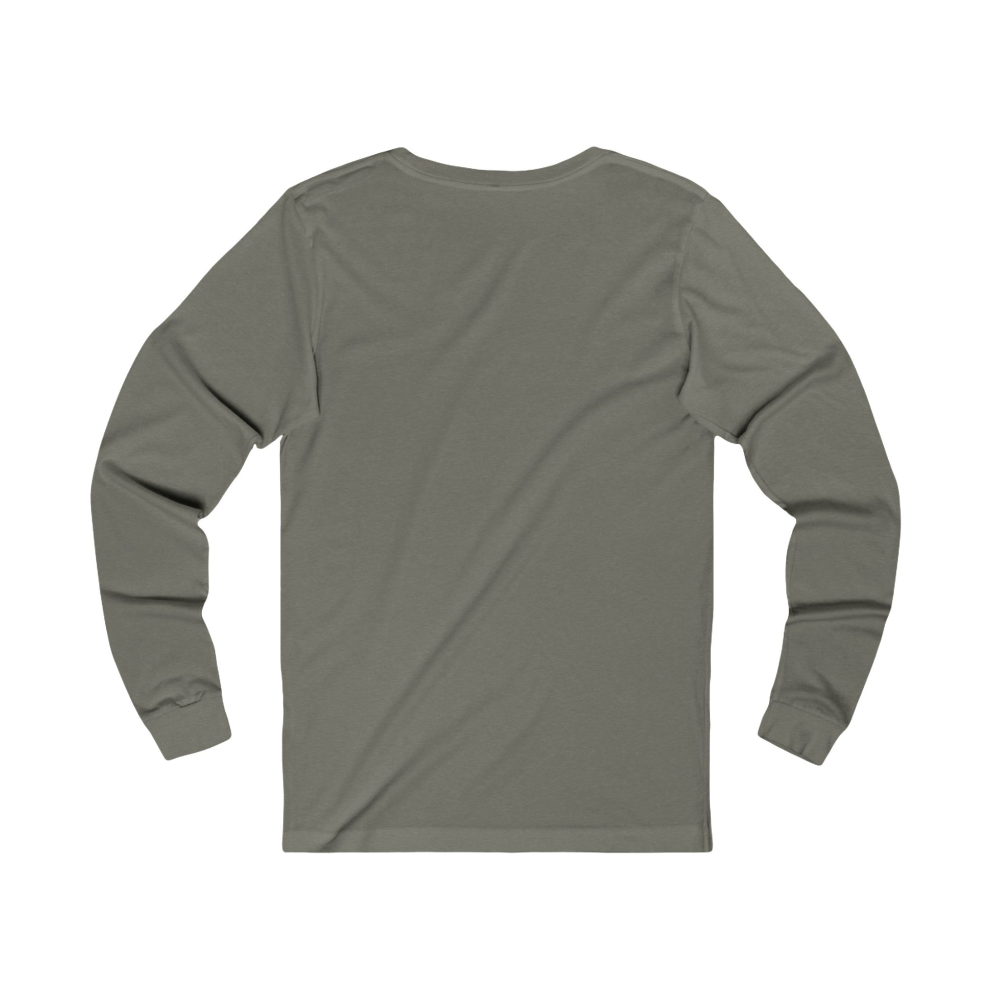 Printify long sleeve shirt in olive green shown from back view fetch later tee
