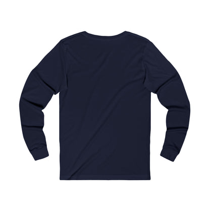Navy blue long sleeve fetch later tee from Printify shown from the back with ribbed cuffs