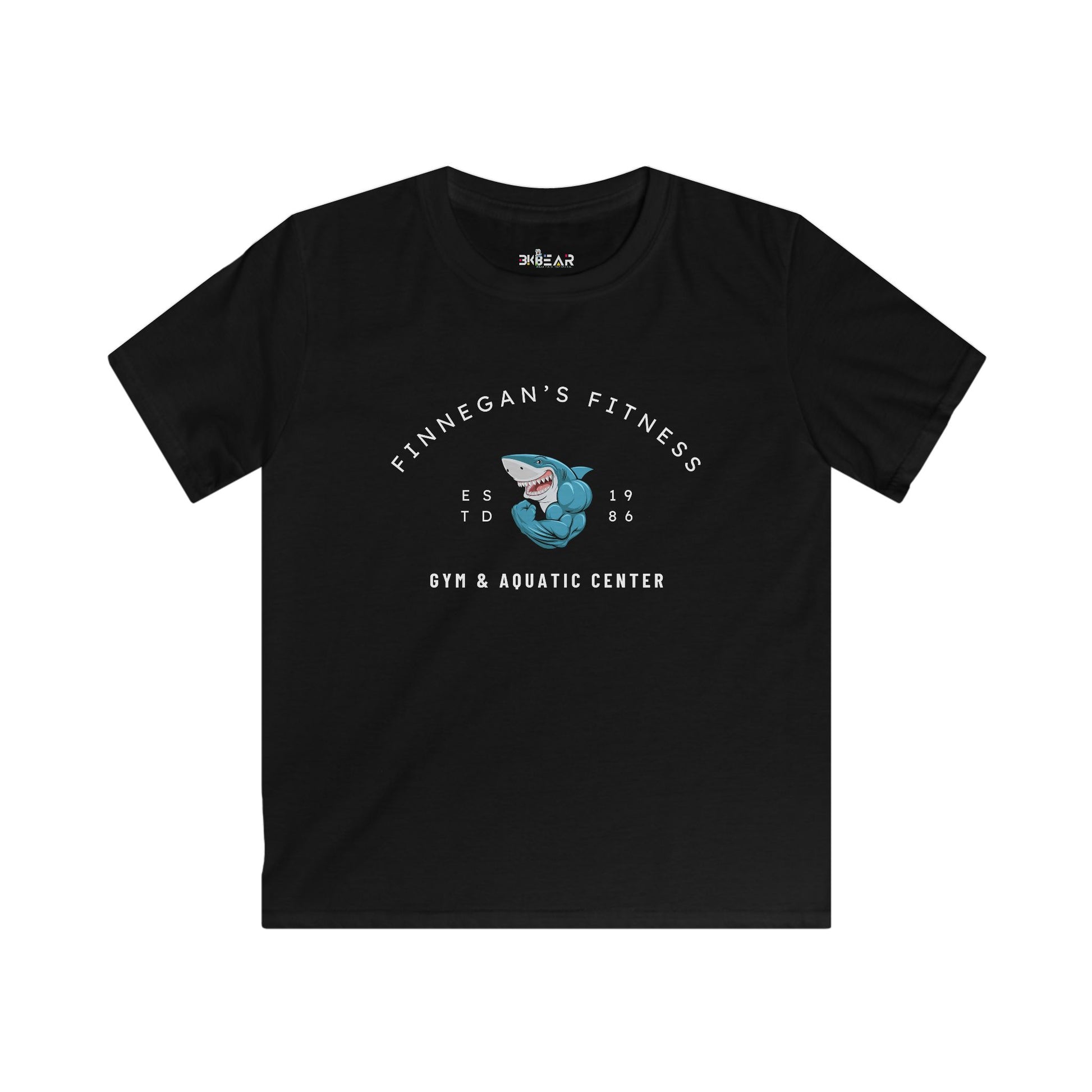 Black kids aquatic center kids shirt with Finnegan's Fitness shark graphic print