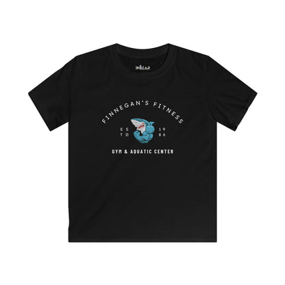 Black kids aquatic center kids shirt with Finnegan's Fitness shark graphic print