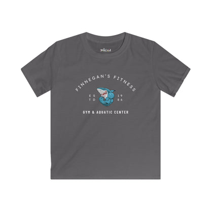 Gray kids shirt featuring Finnegan's Fitness Gym and Aquatic Center shark logo aquatic center kids shirt