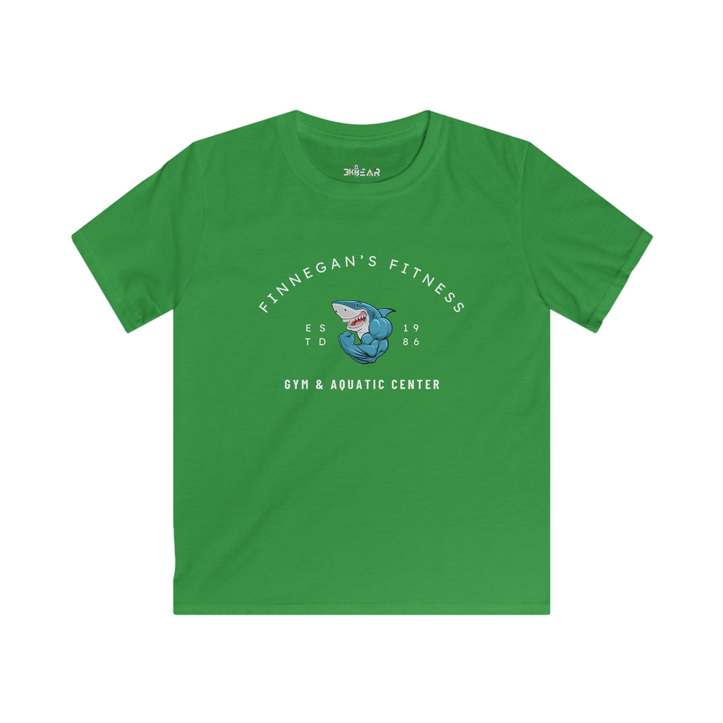 Green Finnegan's Fitness aquatic center kids shirt with shark graphic and gym text