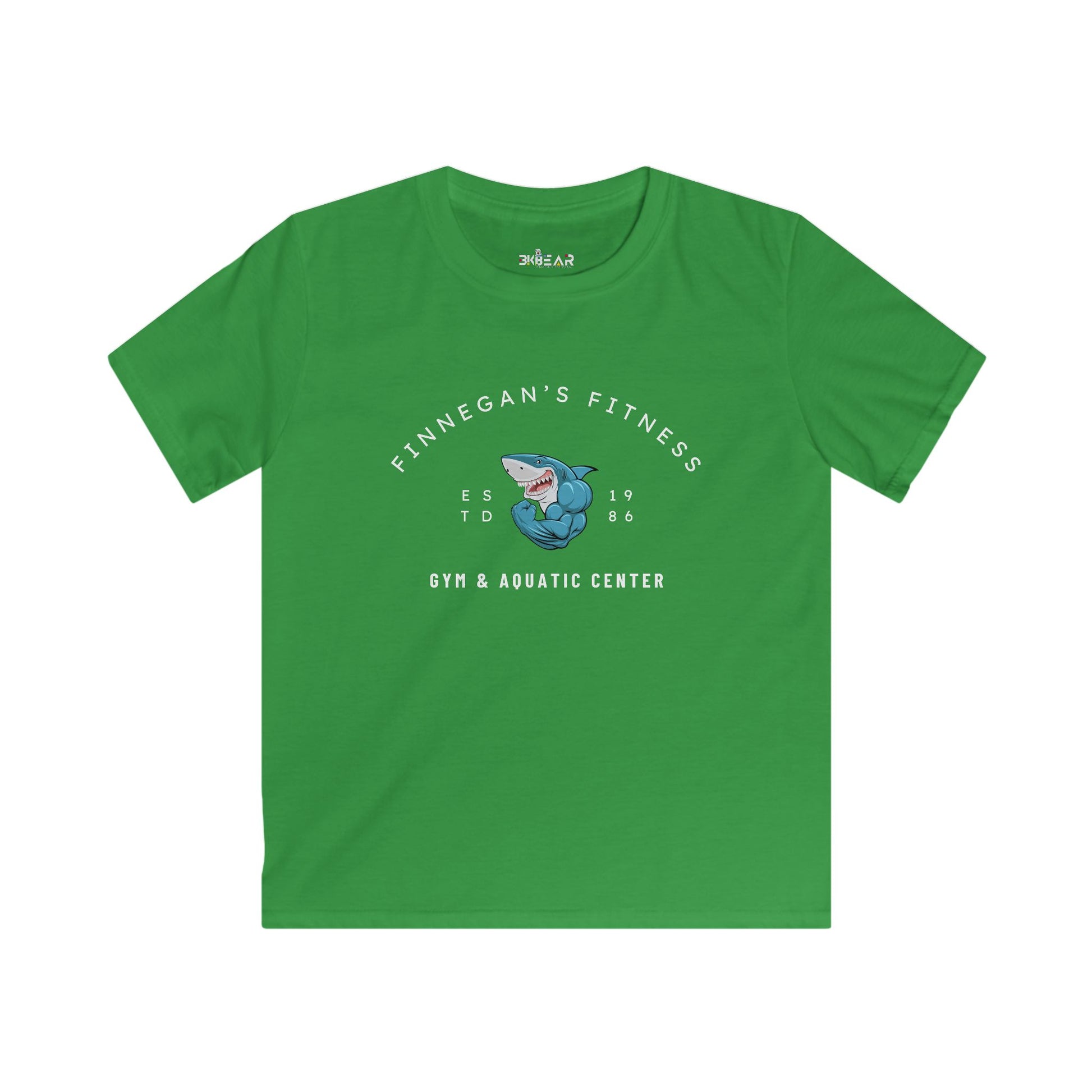 Green Finnegan's Fitness aquatic center kids shirt with shark graphic and gym text