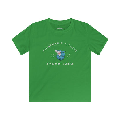 Green Finnegan's Fitness aquatic center kids shirt with shark graphic and gym text