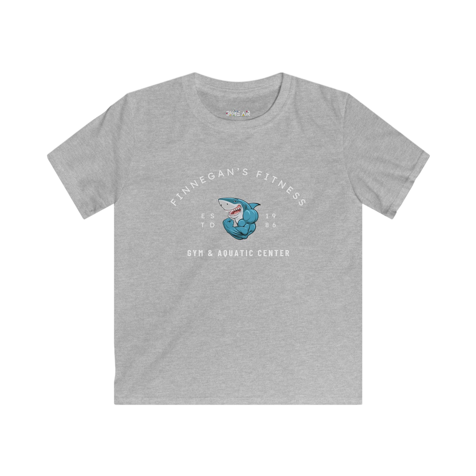 Gray kids shirt with Finnegan's Fitness gym and aquatic center design featuring a blue shark aquatic center kids shirt