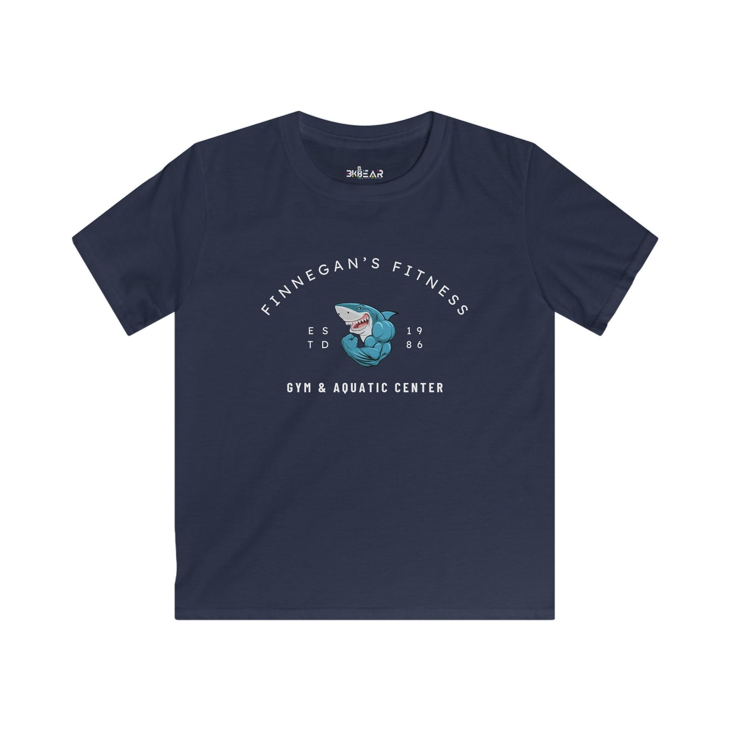 Navy blue aquatic center kids shirt with Finnegan's Fitness gym and shark graphic