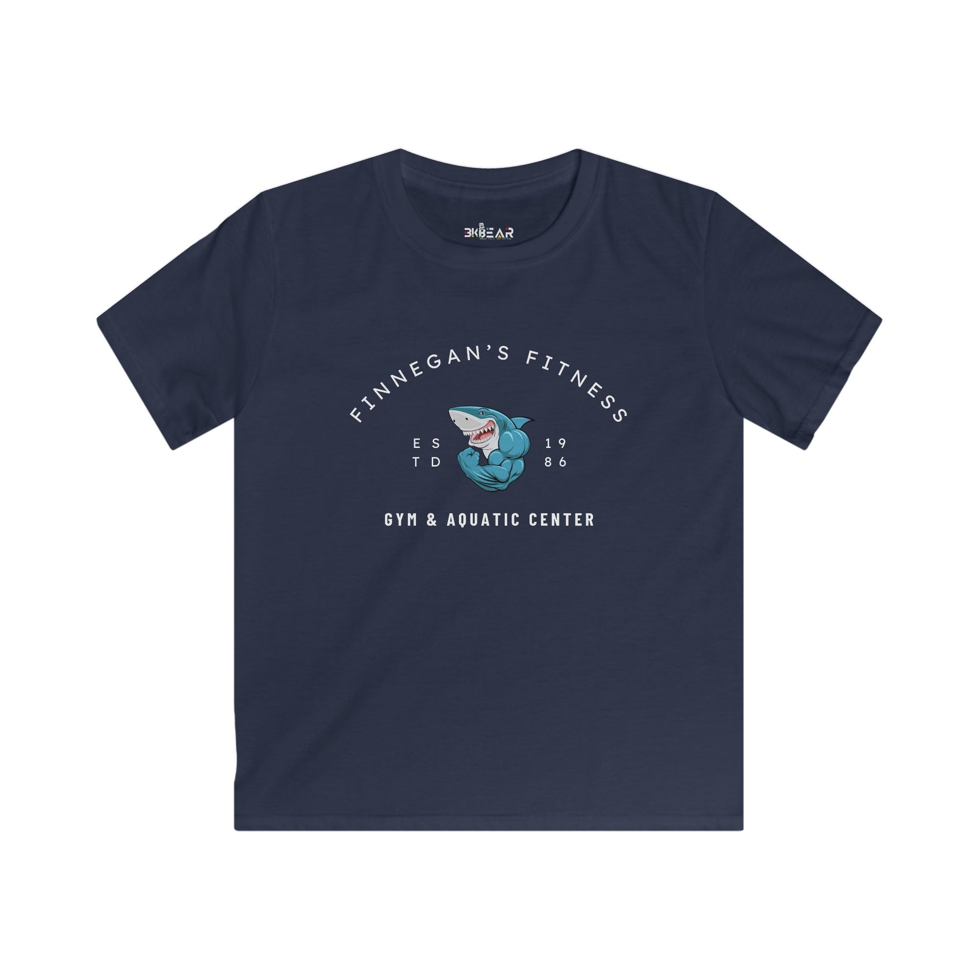Navy blue aquatic center kids shirt with Finnegan's Fitness gym and shark graphic