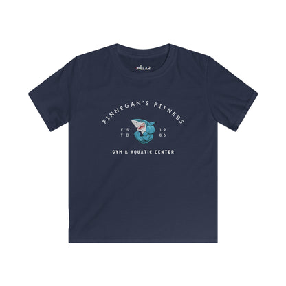 Navy blue aquatic center kids shirt with Finnegan's Fitness gym and shark graphic