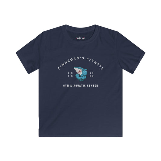 Navy blue aquatic center kids shirt with Finnegan's Fitness gym and shark graphic