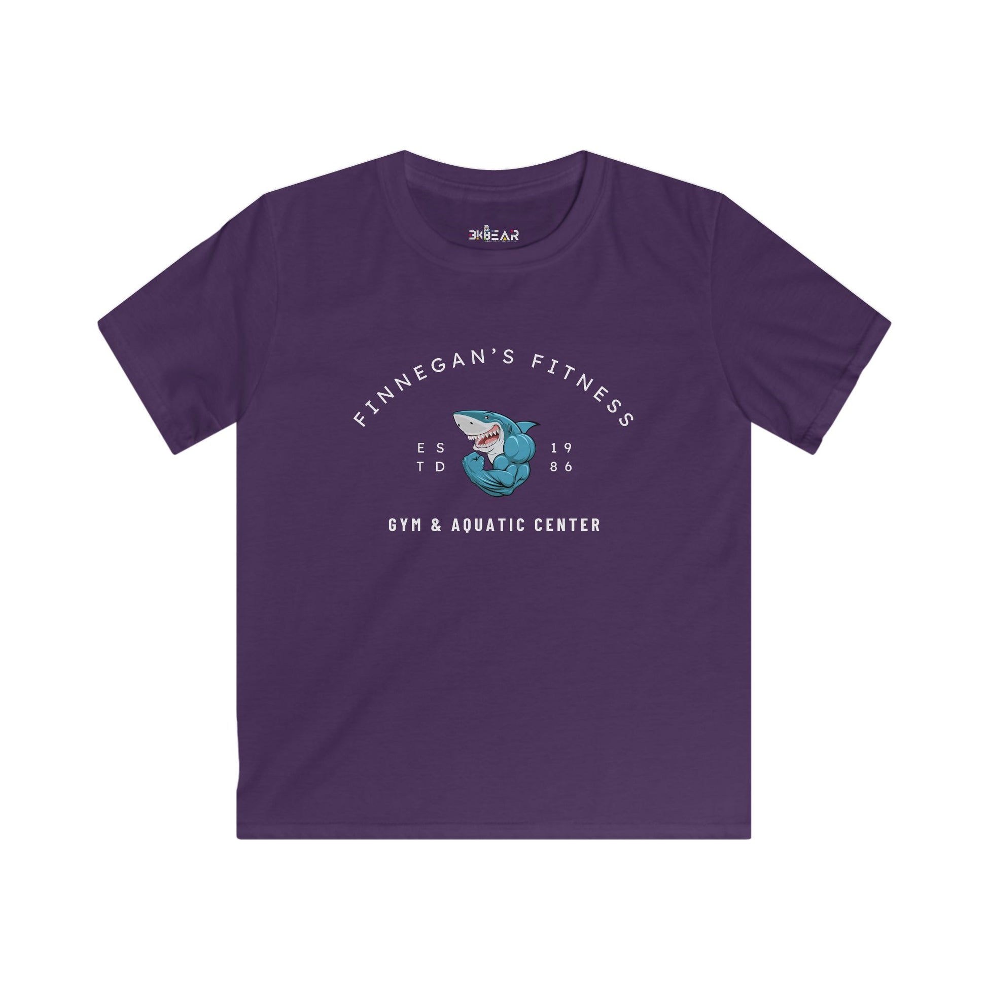 Purple kids shirt from Printify featuring Finnegan's Fitness Gym and aquatic center shark graphic