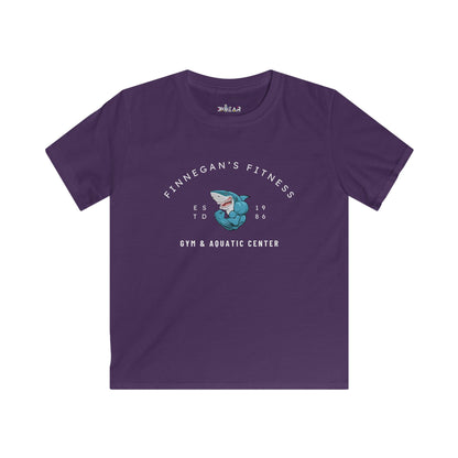 Purple kids shirt from Printify featuring Finnegan's Fitness Gym and aquatic center shark graphic