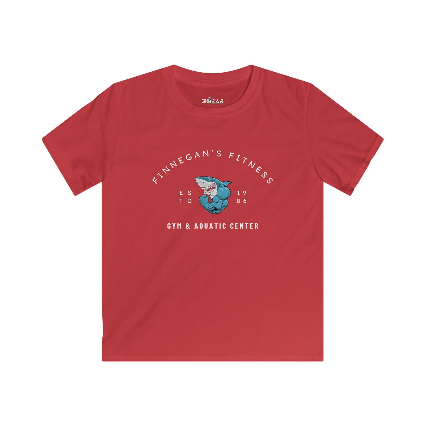 Red kids shirt with Finnegan's Fitness Gym and Aquatic Center shark graphic for aquatic center kids shirt