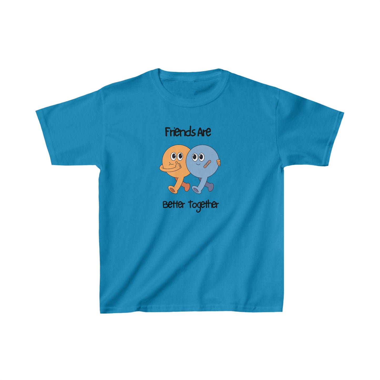 Blue friends kids shirt with cute cartoon characters and friends are better together text