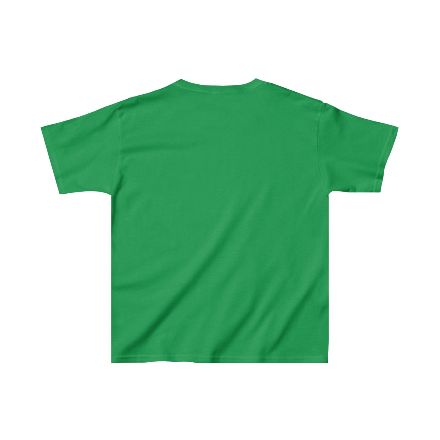 Back view of green friends kids shirt made by Printify with short sleeves and a simple design