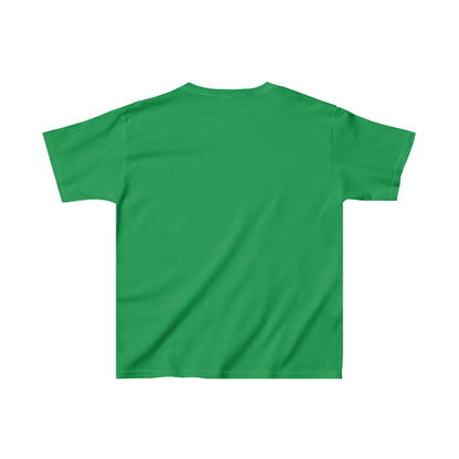 Back view of green friends kids shirt made by Printify with short sleeves and a simple design
