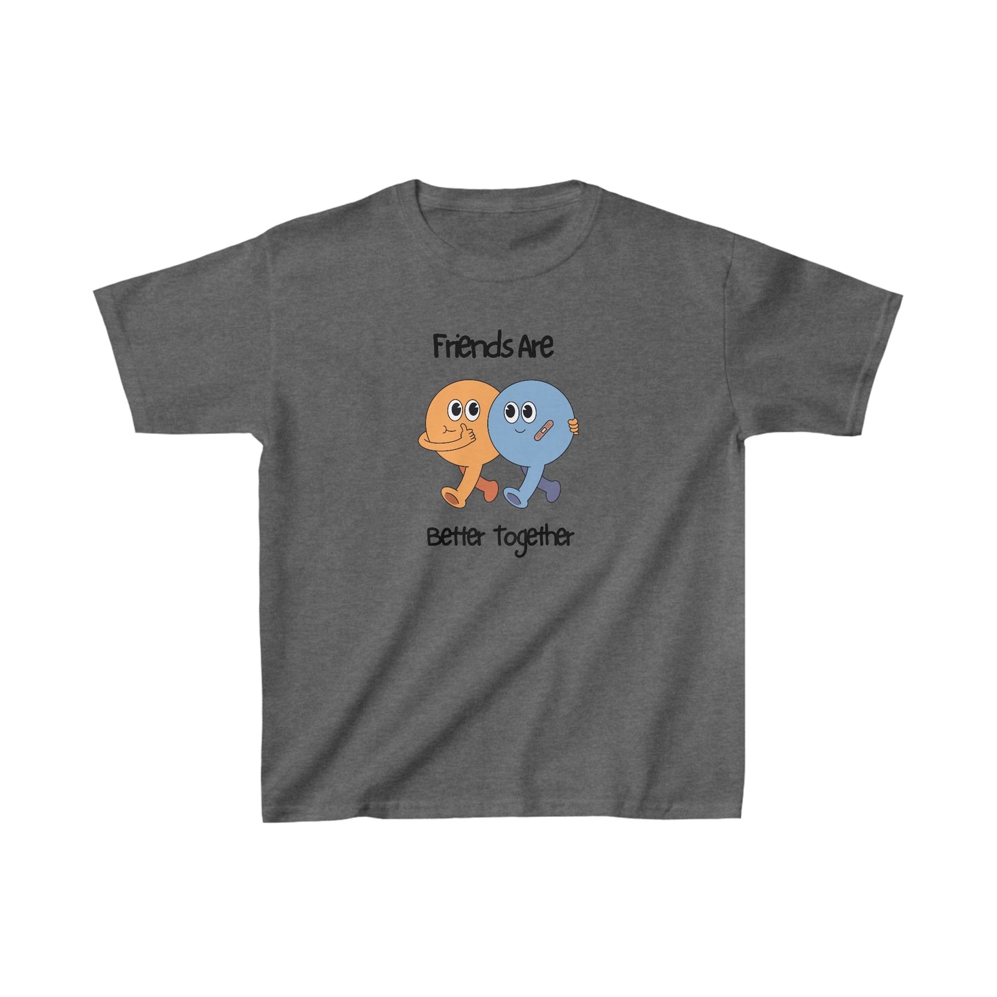 Gray kids shirt with cute orange and blue characters and friends kids shirt text printed