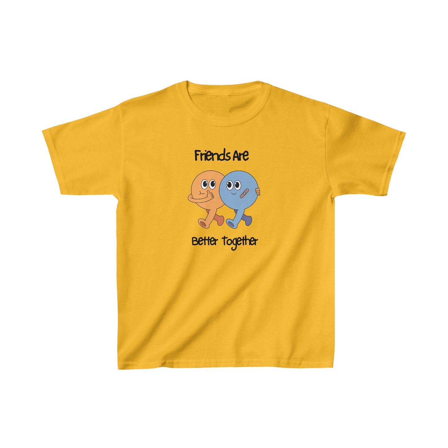 Yellow friends kids shirt with cartoon characters and Friends Are Better Together text