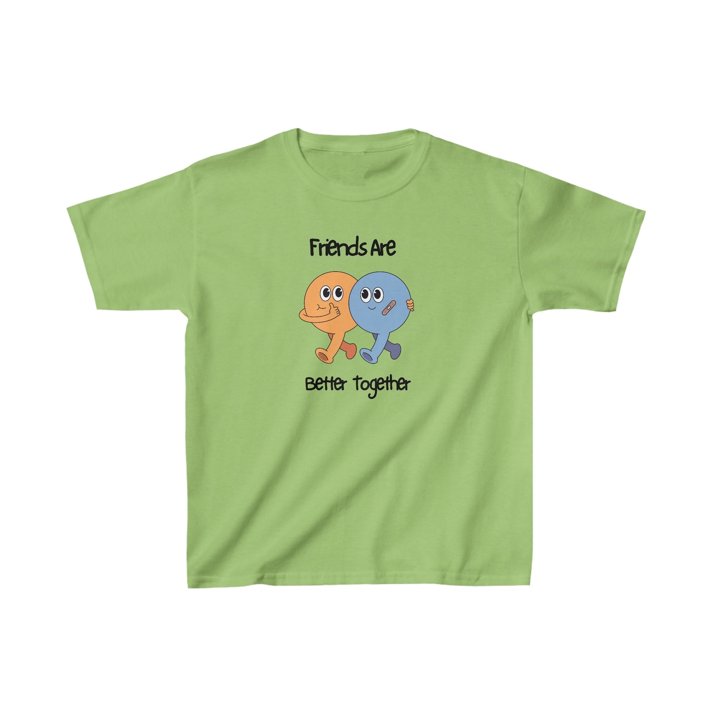 Green friends kids shirt featuring cute orange and blue characters with friends are better together text