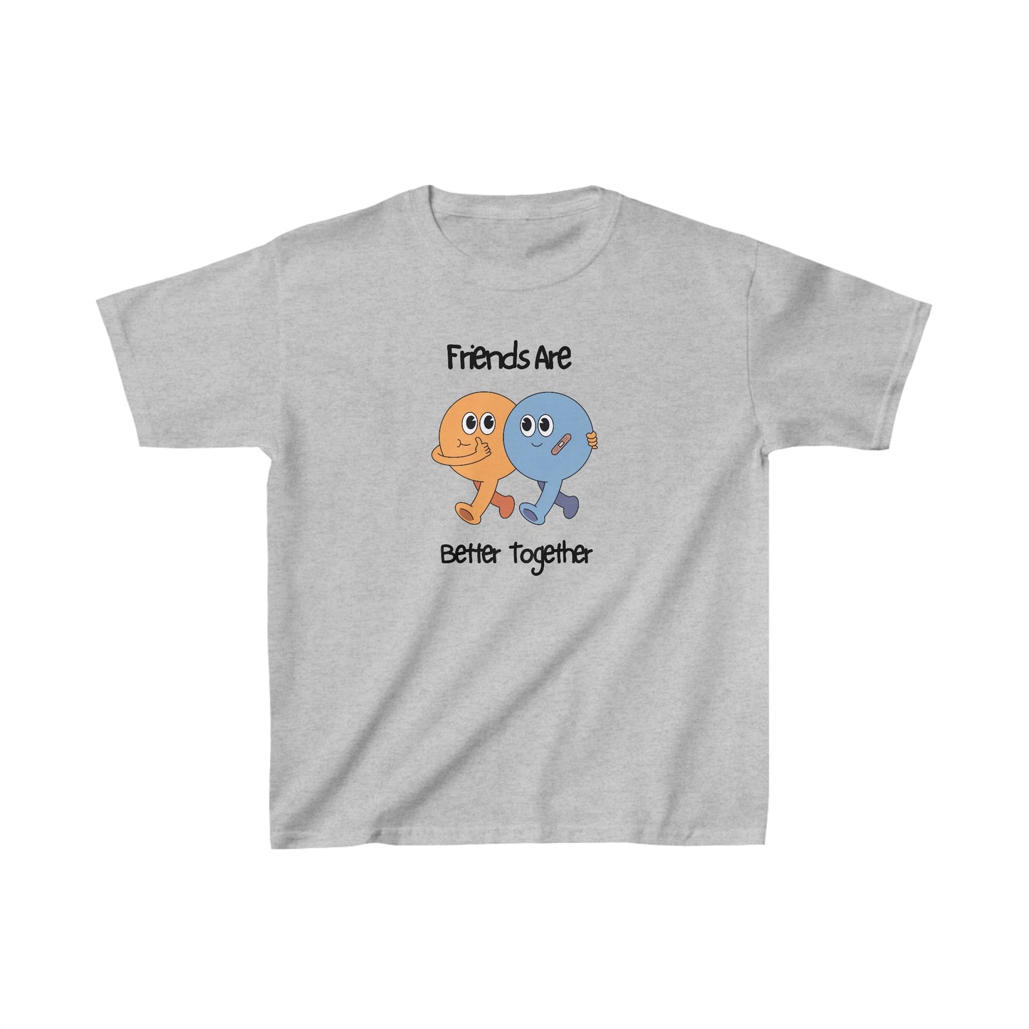 Gray friends kids shirt with cute orange and blue characters and friends are better together text