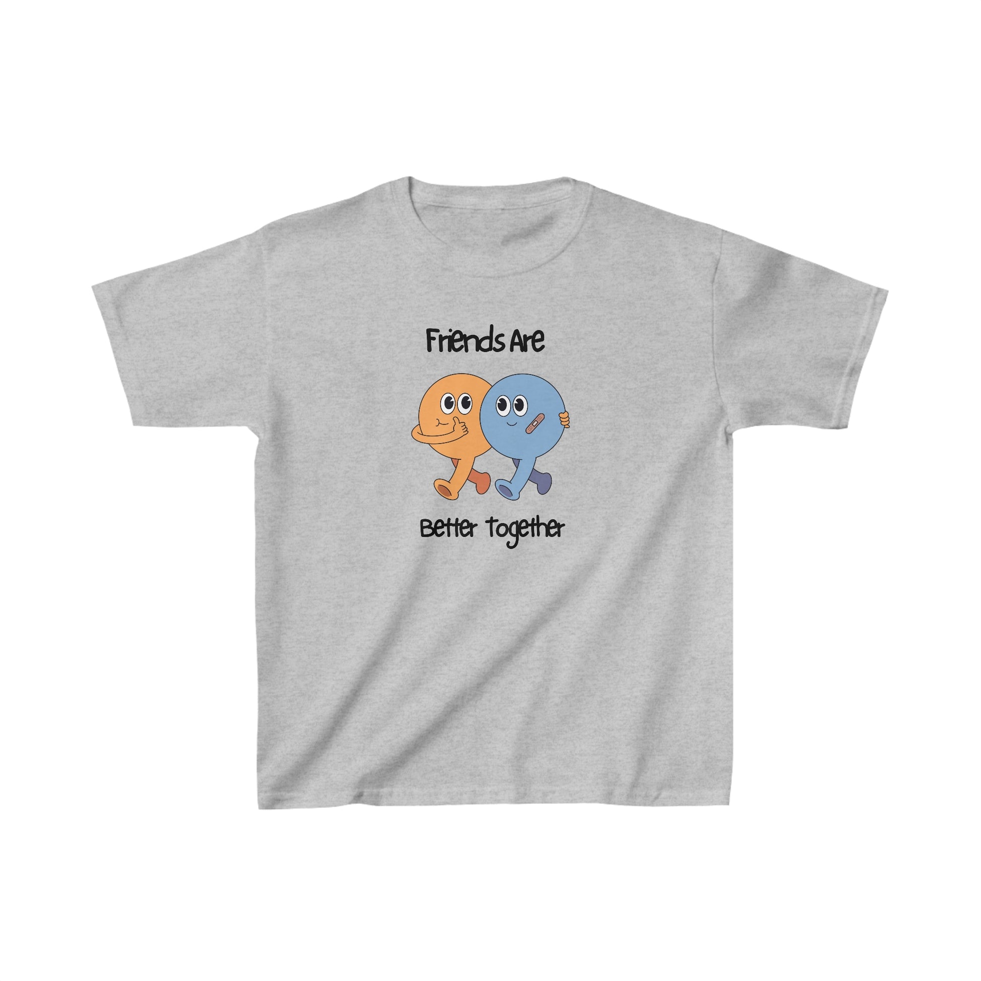 Gray friends kids shirt with cute orange and blue characters and friends are better together text
