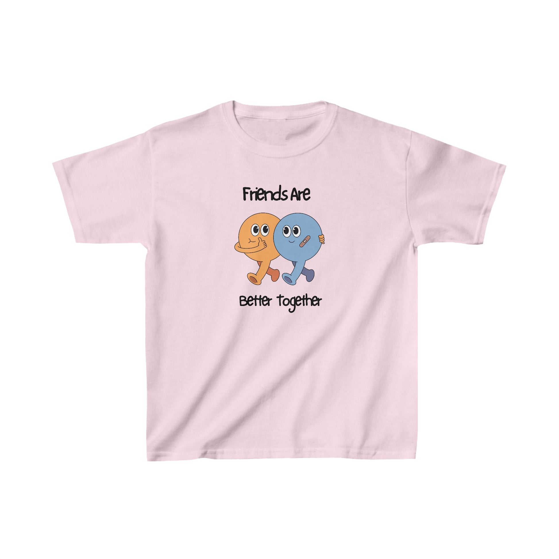Pink friends kids shirt with cartoon characters and friends are better together text