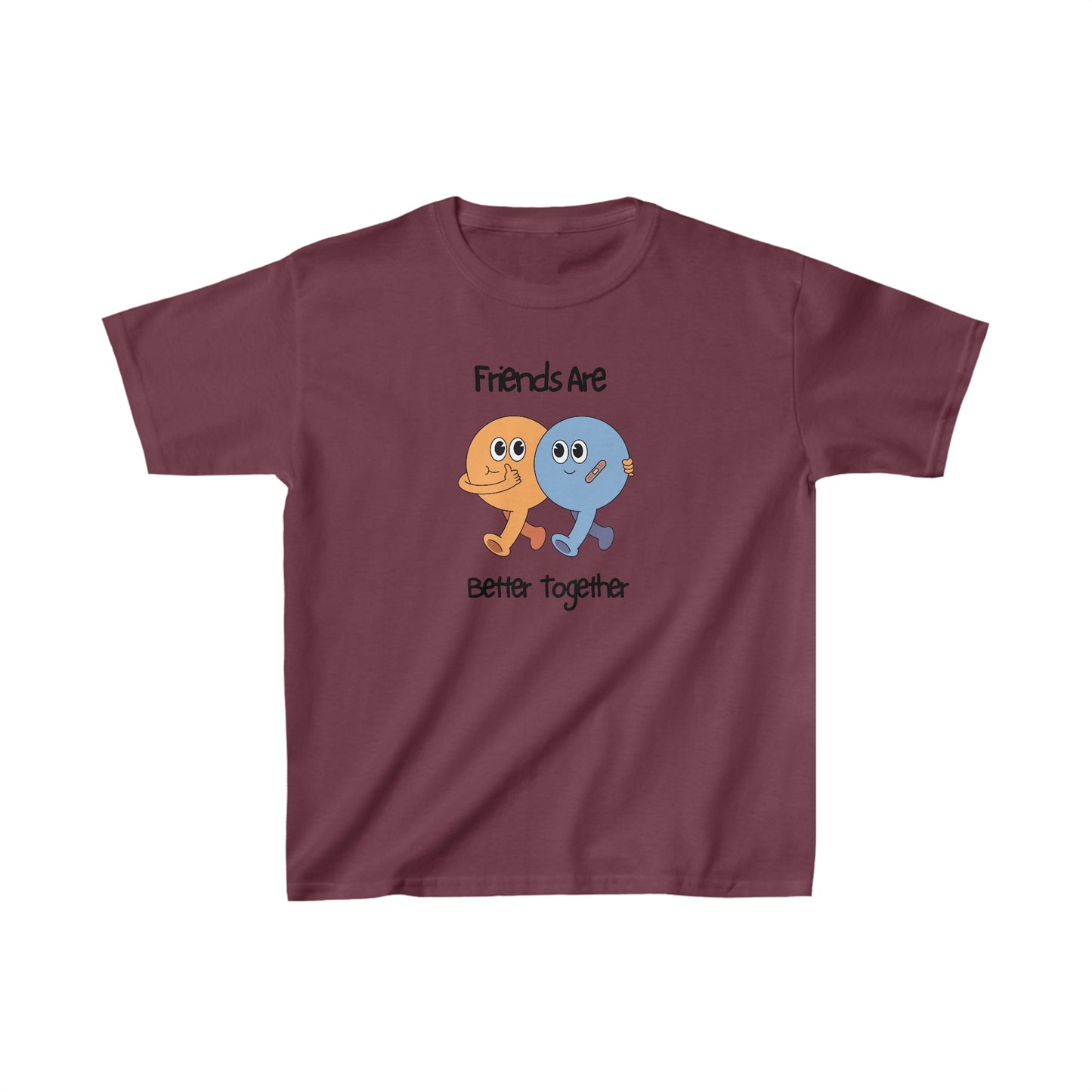Printify friends kids shirt maroon with cartoon characters and Friends Are Better Together text