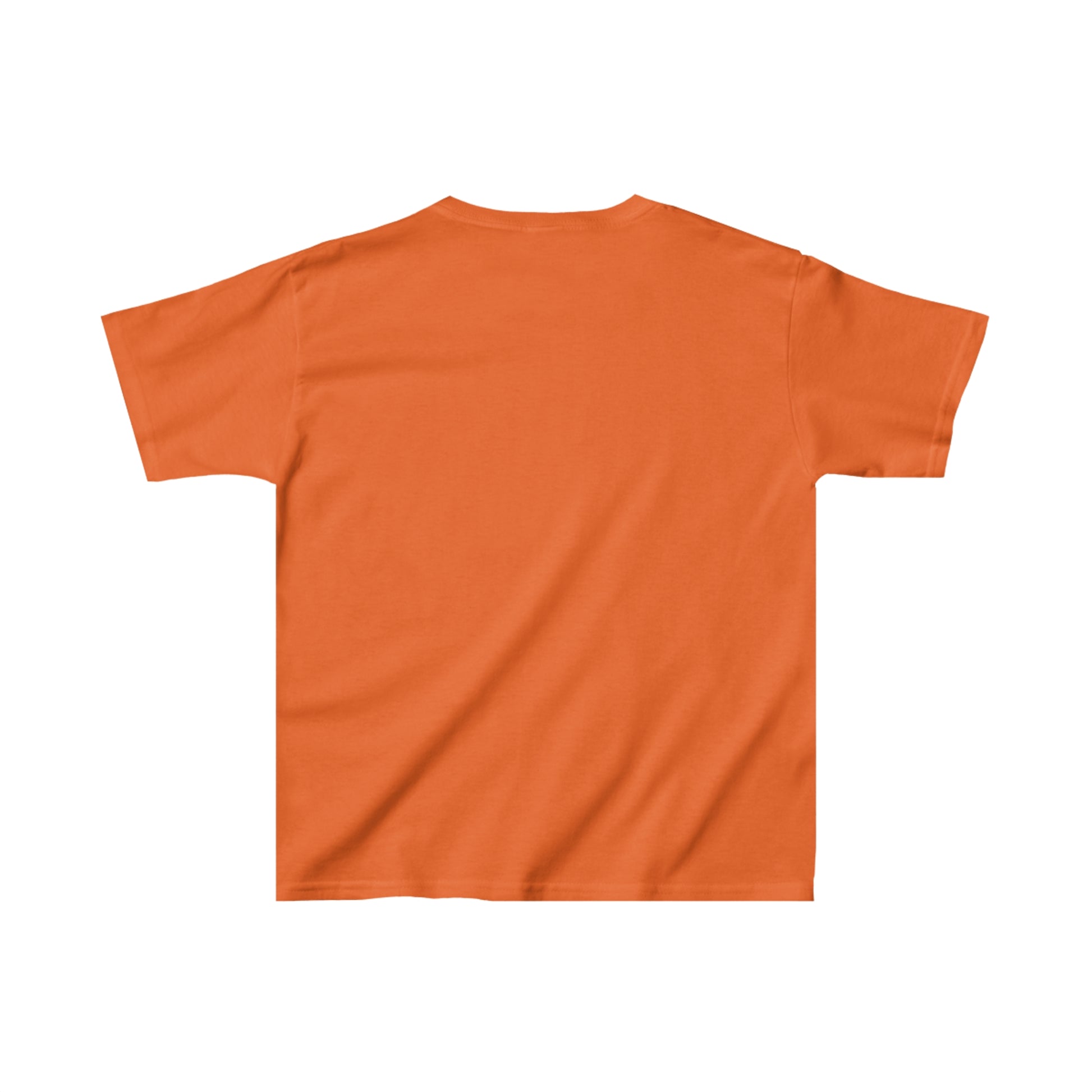 Orange friends kids shirt made by Printify showing back view with short sleeves