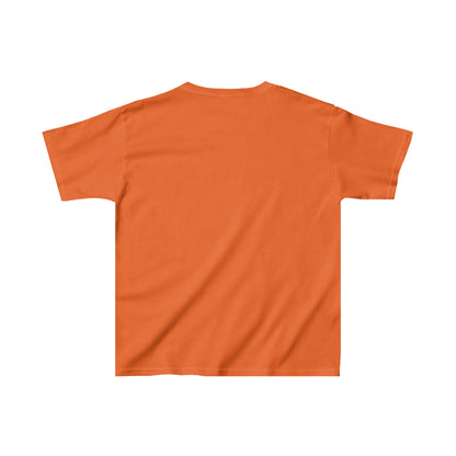 Orange friends kids shirt made by Printify showing back view with short sleeves