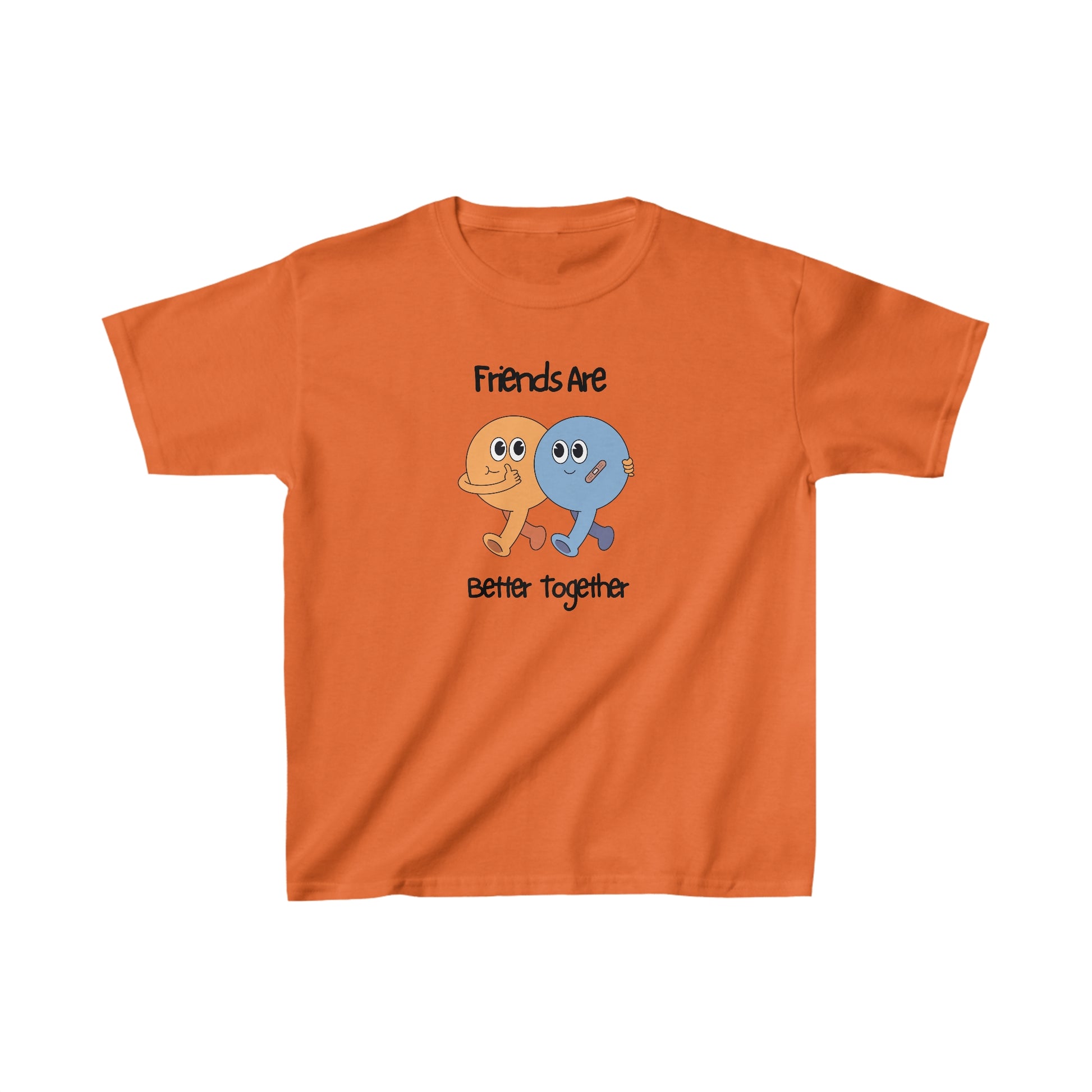 Orange friends kids shirt with cartoon characters and friends are better together text