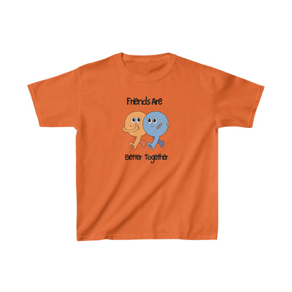Orange friends kids shirt with cartoon characters and friends are better together text