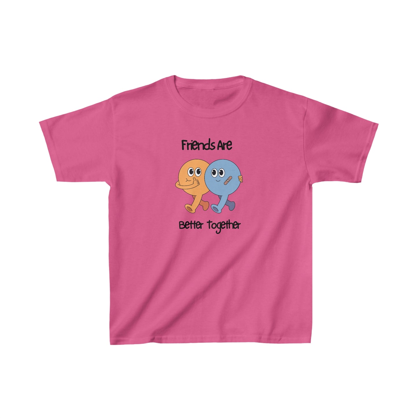 Pink friends kids shirt with cute orange and blue characters and friends are better together text