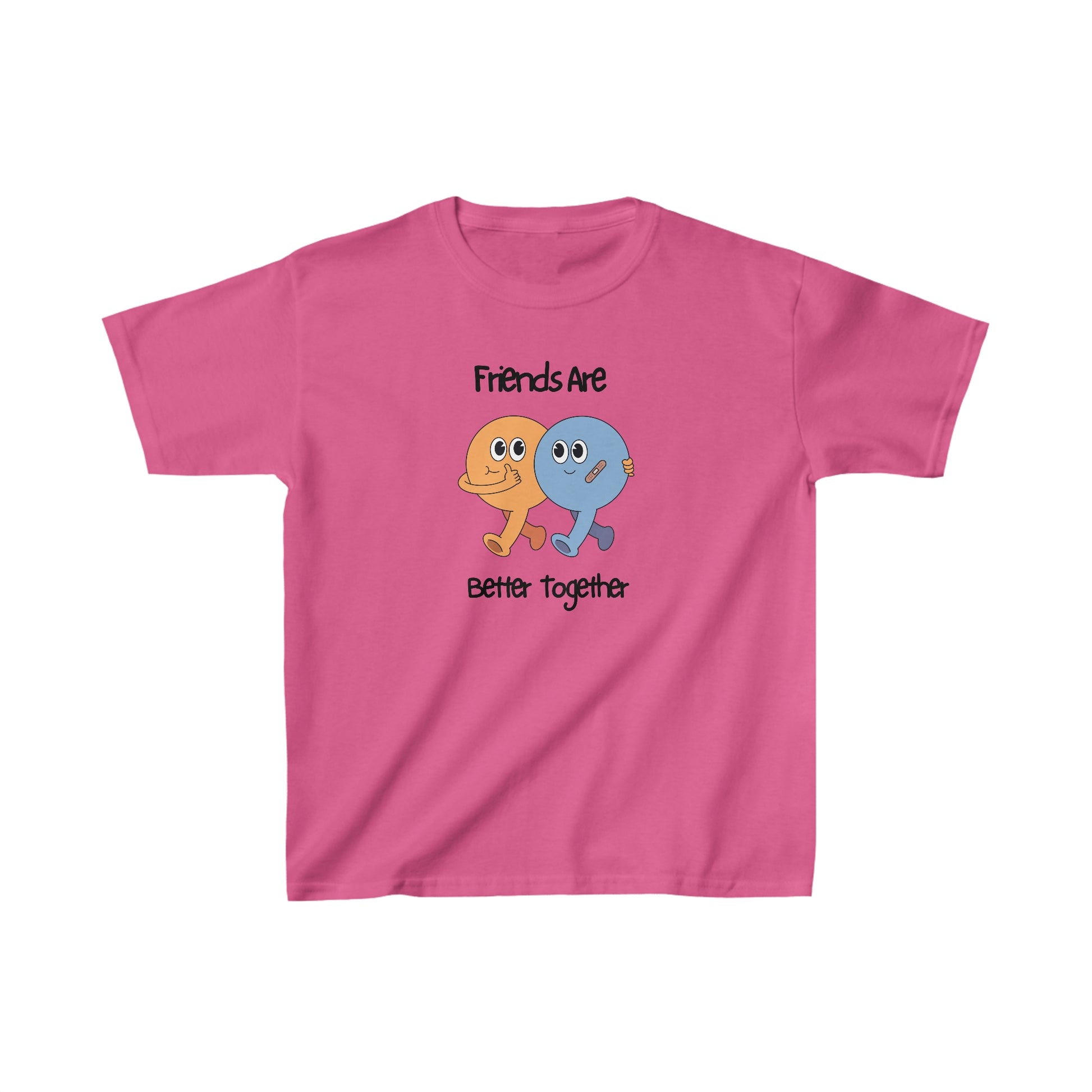 Pink friends kids shirt with cute orange and blue characters and friends are better together text