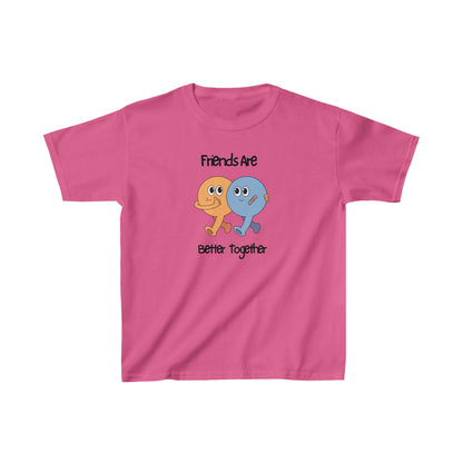 Pink friends kids shirt with cute orange and blue characters and friends are better together text