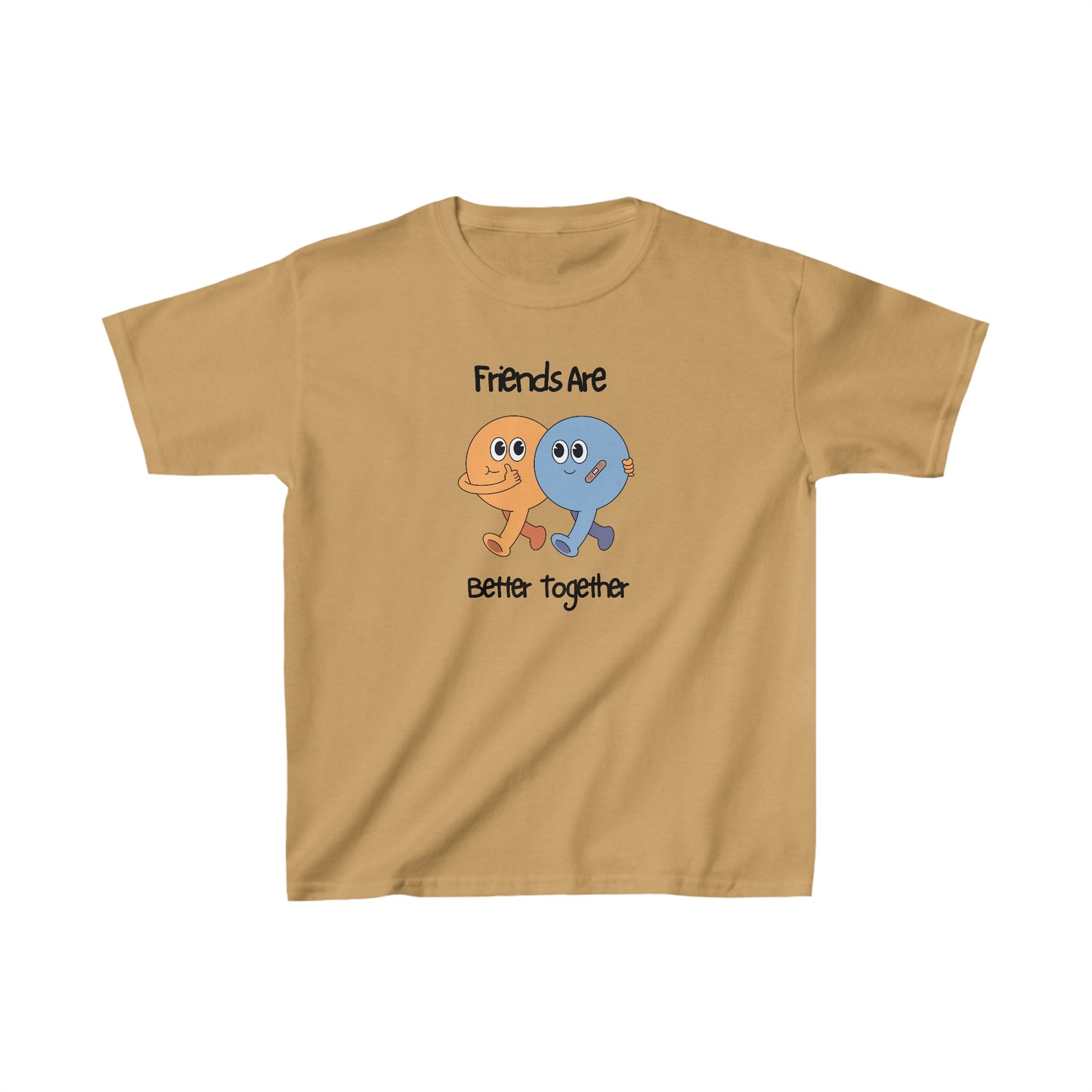 Printify friends kids shirt in tan with cute cartoon characters and friends are better together text
