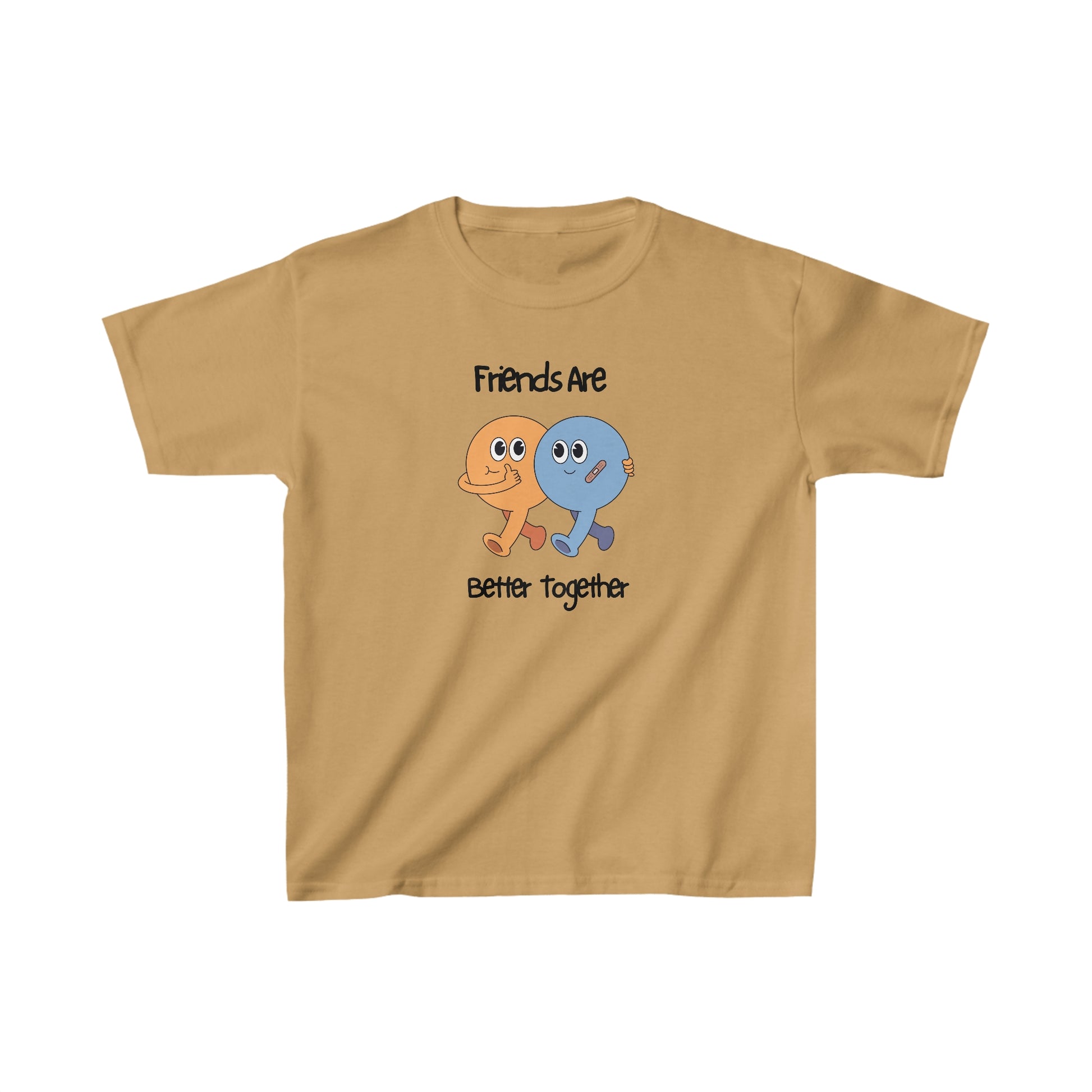 Printify friends kids shirt in tan with cute cartoon characters and friends are better together text