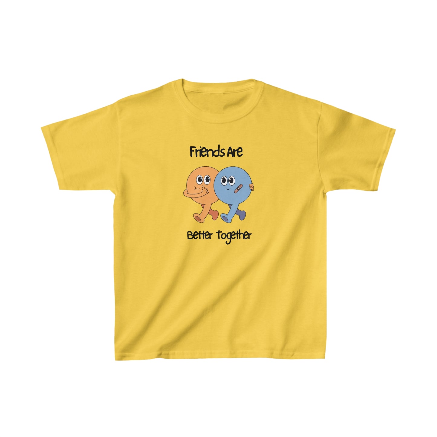 Yellow kids shirt with cute cartoon characters and friends are better together text friends kids shirt
