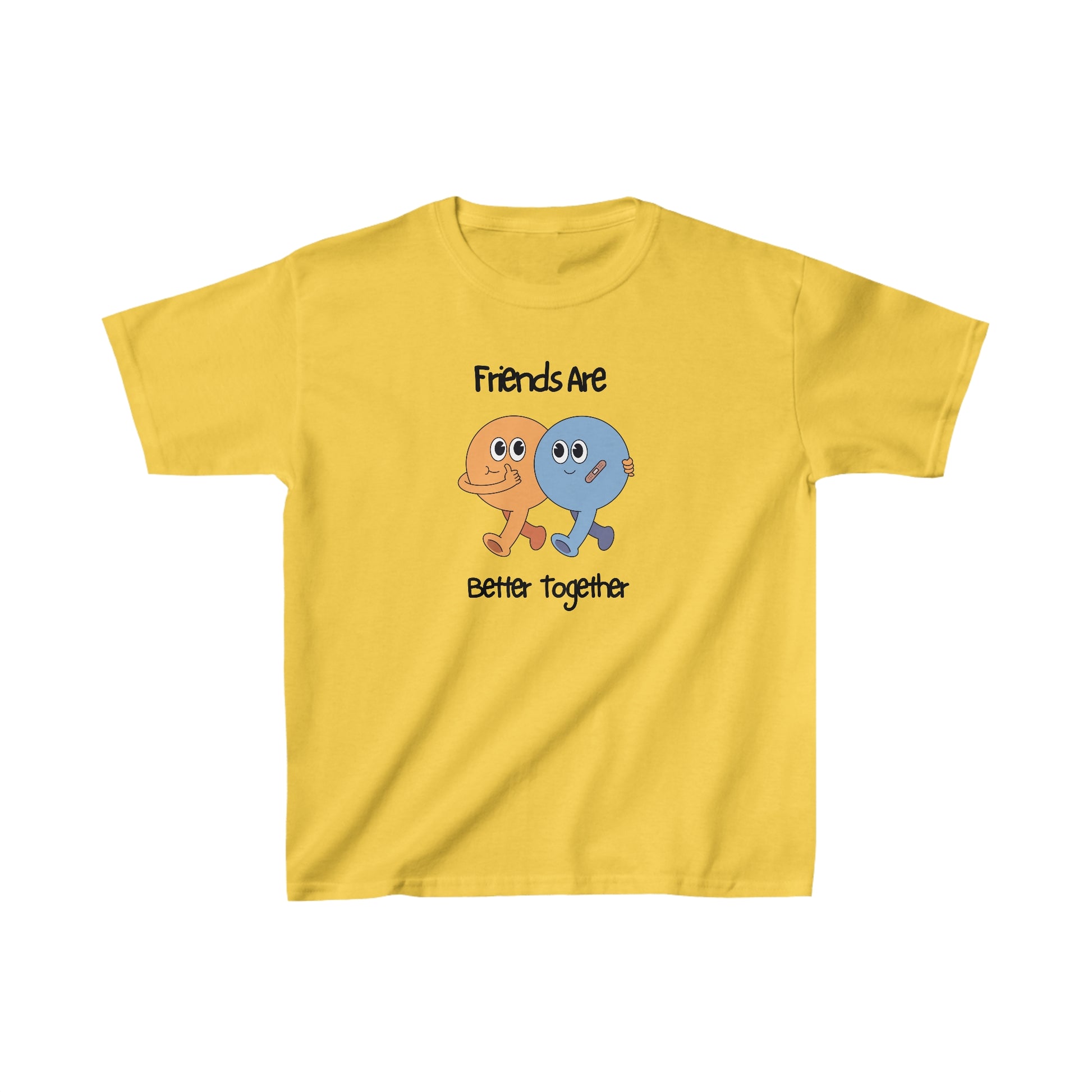 Yellow kids shirt with cute cartoon characters and friends are better together text friends kids shirt
