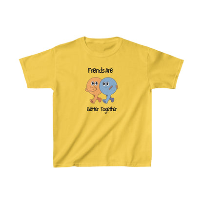 Yellow kids shirt with cute cartoon characters and friends are better together text friends kids shirt