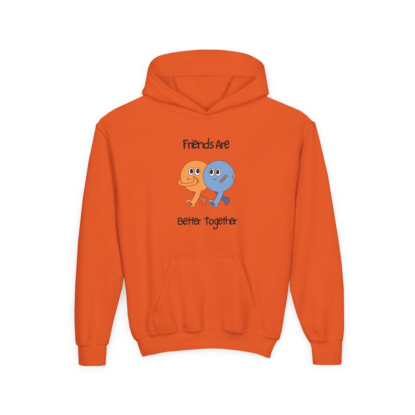 Orange Printify kids friendship animal hoodie with cute blue and orange characters and Friends Are Better Together text