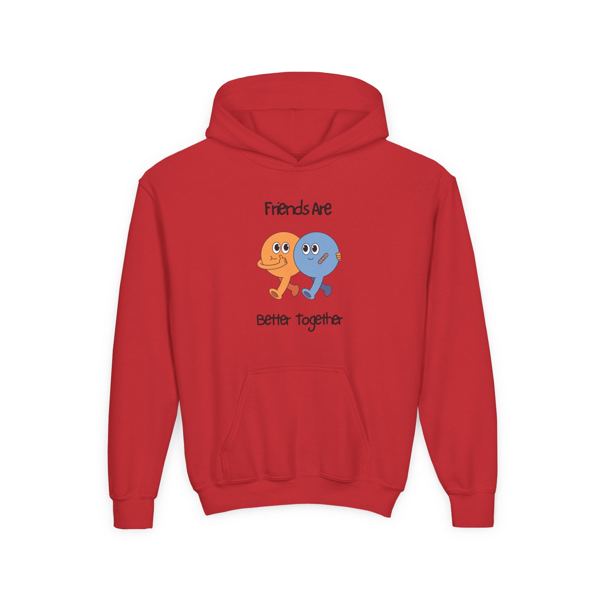 Red kids friendship animal hoodie with cute orange and blue characters and friends are better together text